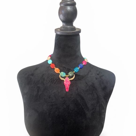 Jewelry - Multicolored Necklace,Pink, Gold Pendant Colorful Bull Skull Necklace,New